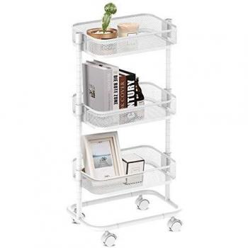 alvorog Carrito Cocina Metálico, Carro de Almacenamiento con 3 Cesta, Altura Ajustable, Ensamblaje sin Tornillos, Carrito Auxilair con Ruedas, Coina, Baño y Estudio de Arte - Blanco
