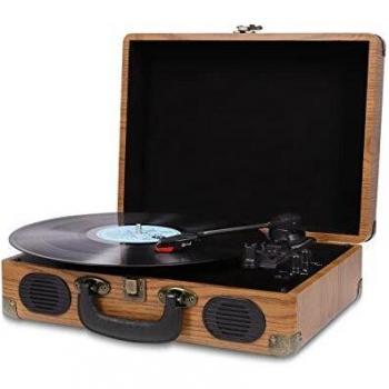 Tocadiscos de Vinilo Vintage, Bluetooth Reproductor Discos Placa Giratoria USB Codificador Digital, 33/45/78 RPM con 2 Altavoces Incorporadas, Salida RCA/Aux in/LP, Diseño de Maleta, Color Madera