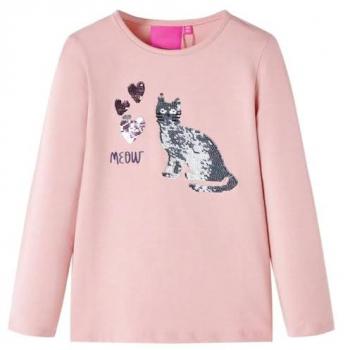Camiseta Infantil Manga Larga Diseño Gato de Lentejuelas Jersey Rosa Claro 128