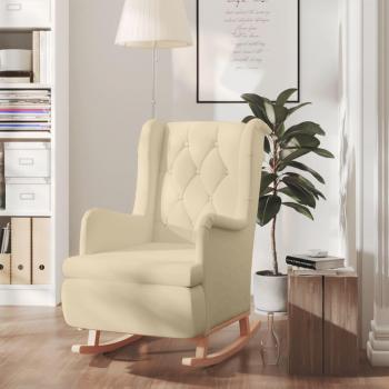 Sillón mecedor de madera maciza de caucho y tela en color crema