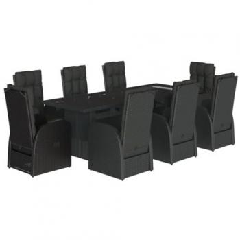 Set de comedor de jardín 9 pzas y cojines ratán sintético negro