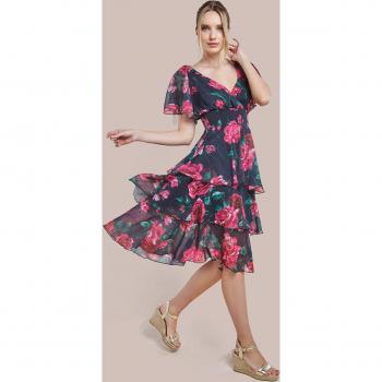 Goddiva Layered Floral Midi Dress with Flutter Sleeves - Black Floral