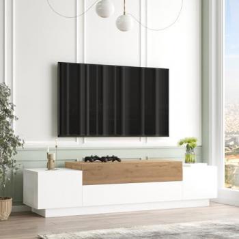Mueble de TV Firås con 4 puertas abatibles, aglomerado 160x38x39 cm - Blanco/Efecto Roble