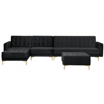 Sofá Esquinero Modular L de 5 Plazas en Terciopelo Negro con Otomana y Chaise Longue Derecho Aberdeen