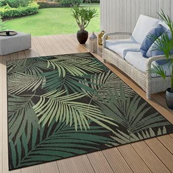 Alfombra Exterior Terraza Boho De Palmera, tipo: Alfombra, características: Hojas de palmera jungla floral motivo boho chic, tamaño: 140x200 cm, color: Negro