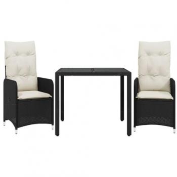 3-Piece Black Poly Rattan Garden Bistro Set with Cushions