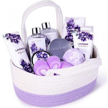 Body & Earth Set de Spa, Set de Regalo de Baño a Lavanda, Cesta de Spa para Mujer de 6 Piezas, Mejor Regalo para Ella
