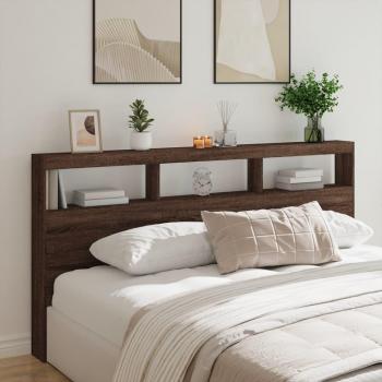 Cabecero de cama con contenedor y luz LED en color roble marrón, dimensiones 200x17x102 cm