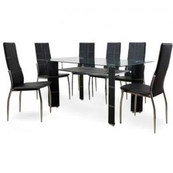 Mesa de Cristal Templado + 6 Sillas en Polipiel/Metal Negro 150x90 cm