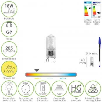 Bombilla Halogena G-9. 18 W. 205 lumenes. Luz cálida (3.000º K)