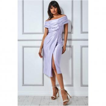 Goddiva Cowl Neck Bardot Satin Midi Dress with Front Split - Lilac