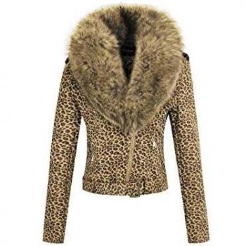 Giolshon Chaqueta Corta de Cuero de Gamuza Sintética para Mujer Abrigo de Motociclista con Minturón de Invierno y Cuello de Piel Desmontable 8830 Leopardo M
