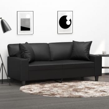 140 cm Black Faux Leather 2-Seater Sofa with Cushions