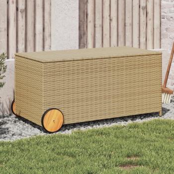 vidaXL 190L Beige Poly Rattan Garden Storage Box with Wheels