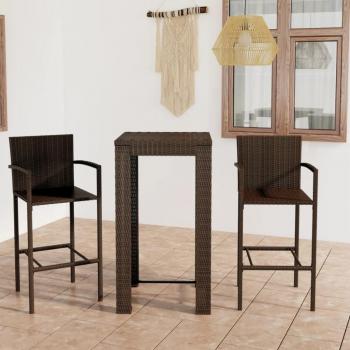 3-Piece Brown Poly Rattan Outdoor Bar Set with Armrests
