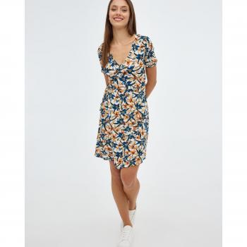 Vestido mini cruzado de manga corta y escote de pico con estampado de flores y nudo en el lateral