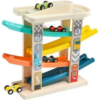 TOP BRIGHT Circuito de Carreras con Coches de Juguete para Bebés y Niños pequeños de 1 y 2 años - Pista de Rampas con 4 Mini Coches - Madera de Primera Calidad sin BPA - Seguro, Bonito y Divertido