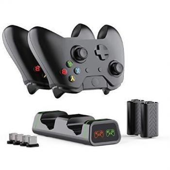 ElecGear Estación de Carga Xbox One con 2X 1200mAh Batería Recargable, Cargador Doble Mando para Xbox One/Xbox One S/Xbox One X y Elite Controlador Inalámbrico, 4X Adaptador USB Incluido