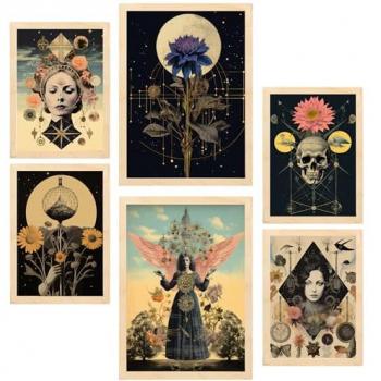 Set de 6 Pósters Collage Surrealista Esotérico Místico Floral para Decorar Paredes del Hogar (Tamaños A3 y A4, Sin Marco)