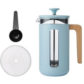 Cafetera Pisa de Acero Inoxidable 8 Tazas, Color Azul Cielo, con Émbolo Duradero y Mango de Madera Natural