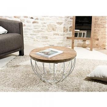 Mesa de centro redonda de 60 cm con tablero de teca reciclada y patas de metal blanco