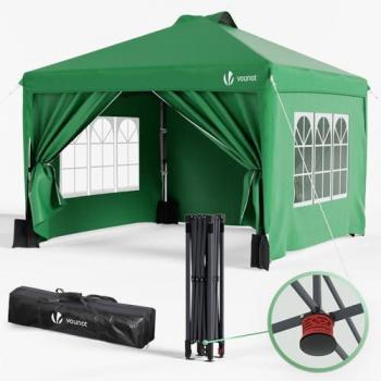 Carpa Plegable Vounot 3x3m con Botón Central, Cenador Verde Impermeable y Anti-UV con Paredes Laterales y Ventanas