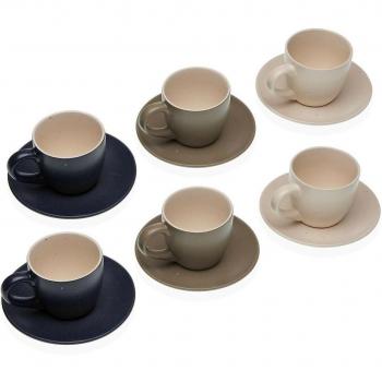 Juego de 6 Tazas con Plato Versa Tashi Gres - Set de tazas y platos de gres, incluye 6 tazas y 6 platos, diseño moderno y elegante, apto para microondas y lavavajillas, ideal