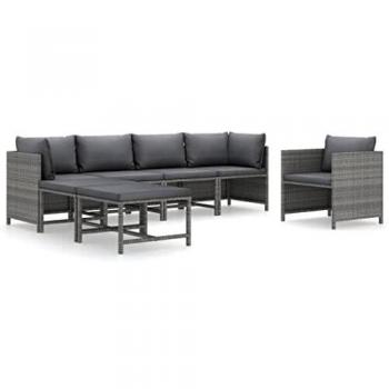 7-Piece Grey Poly Rattan Garden Lounge Set with Cushions