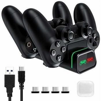 PICTEK Cargador Mando PS4, Carga Ultrarrápido con Tira de Luz y LED Indicador, Soporte Mando PS4 USB, Compatible con Playstation4, PS4, PS4 Pro, PS4 Slim