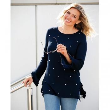 Jersey Escote Redondeado y Manga Larga con Abertura y Volante Mujer - 018840,Azul Marino,4XL