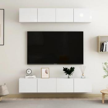 Mueble TV 4 piezas blanco pulido 80x30x30 cm madera multicapa