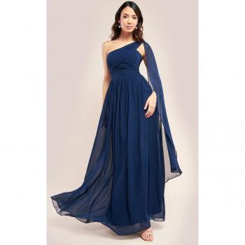 Goddiva One Shoulder Pleated Chiffon Scarf Maxi Dress - Navy, Features: One shoulder design, pleated chiffon fabric, maxi length, available in navy color