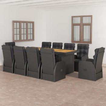 11-Piece Black Poly Rattan Outdoor Dining Set with Cushions