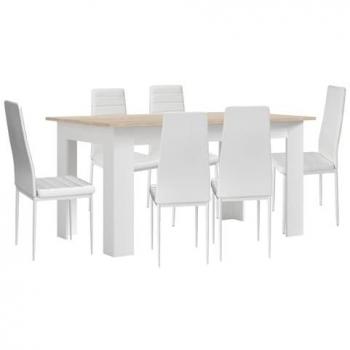 Pack Mesa de Comedor o Cocina Blanco y Cambria + 6 Sillas en Polipiel/Metal