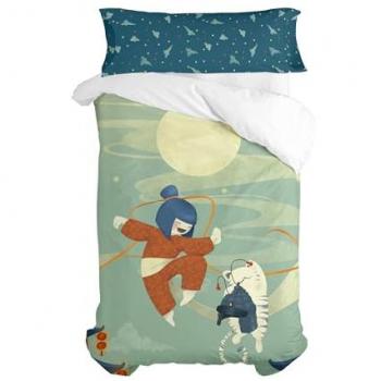 Juego de funda nórdica HappyFriday Mr Fox The Warrior Multicolor 2 Piezas Cama de 80, 100% Algodón, Calidad 150