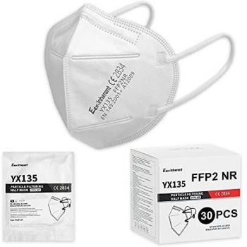 Eexi Mascarillas FFP2 Homologadas. Mascarilla FFP2 Desechable de Proteccion Personal 5 Capas. Mascara Filtro 95 %. Caja 30 Unidades en Bolsas de 5. Color Blanco