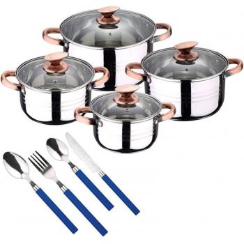Batería de cocina 8 piezas San Ignacio Altea en acero inoxidable apta para inducción con cubertería de 24 piezas en acero inoxidable color azul