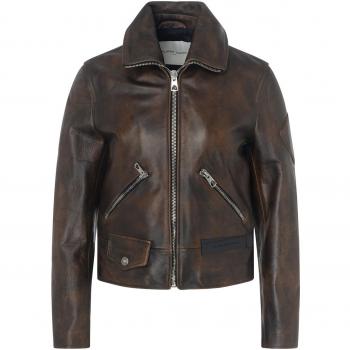 Philippe Model Black Leather Jacket Zip Fastening Logo Brown Female Size XS