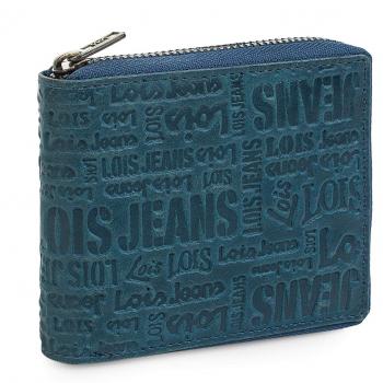 Lois - 11709 Cartera Monedero Billetero Tarjetero Hombre de Piel Genuina. Cremallera Exterior. Portamonedas, Compartimentos Tarjetas, documentación y Billetes, Color Azul