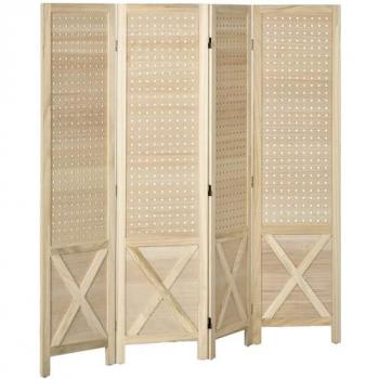 Biombo Divisor de Habitación Plegable HOMCOM de 4 Paneles, Dimensiones: 152x1.7x144.5 cm, Material Natural, Separador de Ambientes con Pantalla de Privacidad y Agujeros