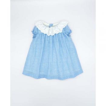 Vestido de bebé niña de algodón con cuello volante y manga corta con tira bordada en escote