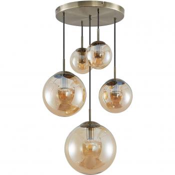 Lámpara colgante Lindby Teeja de 5 esferas de vidrio ámbar, estilo vintage, apta para salón y comedor, con portalámparas E27