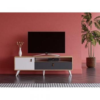 Mueble TV Pera de Aglomerado de Melamina, Plástico y Piel Sintética en Roble, Antracita y Blanco - 150x36,5x50 cm