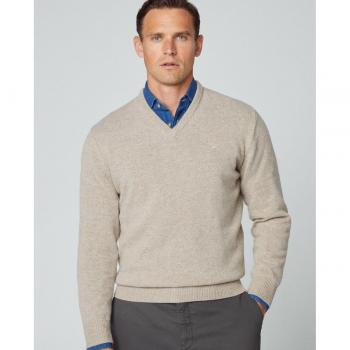 Hackett Men's Lambswool V-Neck Sweater in Tan Brown