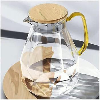 DUJUST Jarra de vidrio de 2 litros, jarra de agua con diseño de diamante moderno con tapa de bambú, hermosa decoración para sala de estar, jarra de vidrio de alta durabilidad, resistente al frío/calor