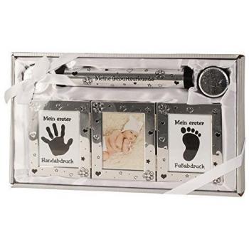 Juego de bebé en plata inclusive Marco, 2 Botes para Dientes de leche y pelo, Tubo para documentos de recién Nacido al cliente y Yeso para Mano y Huellas de pie 22x37 cm