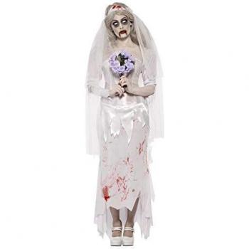 Smiffys-23295L Miffy Disfraz de novia zombi hasta que la muerte nos separe, con vestido, velo y ramo, color blanco, L-EU Tamaño 44-46