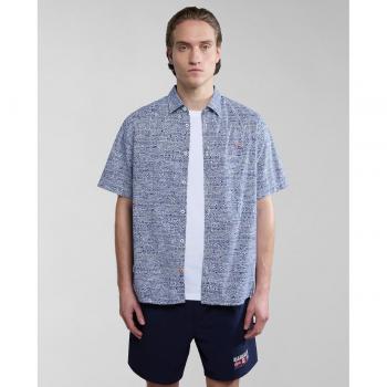 Camisa Napapijri G-Ronge SS de hombre de corte regular con estampado geométrico multicolor, manga corta, color azul mate, talla L