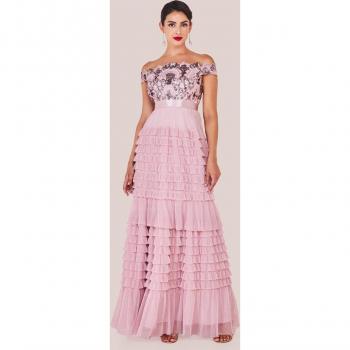Blush Scallop Bardot Ruffle Mesh Maxi Dress