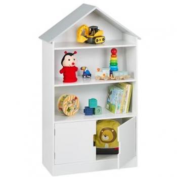 Estantería Infantil Casa Relaxdays, Librería Niños 3 Baldas Abiertas y 1 Cerrada, 115x68x28cm, Blanco/Gris